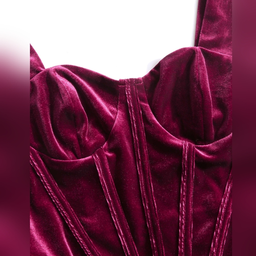 Elegant Cider Deep Red Velvet Corset Midi Dress. Medium, stretchy, NWT